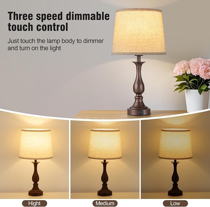 Bedside Table Lamp Touch Control Bedroom Lamps with USB A + C Charging Port 3 Way Dimmable Touch Lamps for Nightstand Living Room Bedroom Dorm Home Office Reading, Set of 2 (Beige Shade & Brown Base)