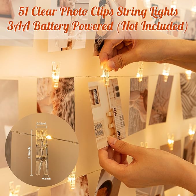 Photo Clips String Light,33FT Fairy Lights with 51 Clips, Battery Operated String Lights with Clips for Pictures, Room Decorations for Dorm Wall Bedroom Wedding Christmas Tree (Clear Clips)
