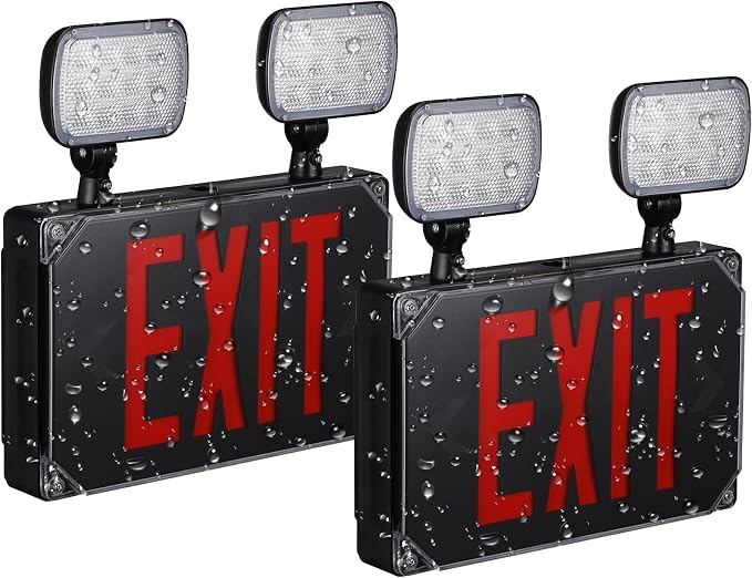 LEONLITE 2-Pack Wet Location LED Exit Sign with Emergency Lights Black | UL Listed, AC 120/277V, Outdoor Hardwired Red Letter Exit Light with Battery Backup, 2 Dual Heads, Double Face