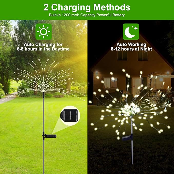 PXBNIUYA 4 Pcs Solar Garden Light Outdoor,175 LED Solar Firework Lights for Yard, 2 Modes IP67 Waterproof Copper Wire DIY Decorative Light, Starburst Lights for Party Patio（Warm White）