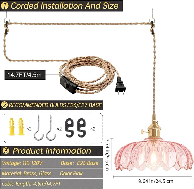 Shenmoyl Plug in Pendant Light Hanging Light Fixtures with Plugin Cord On/Off Switch,Pink Scindapsus Glass Lampshade Brass Pendant Light
