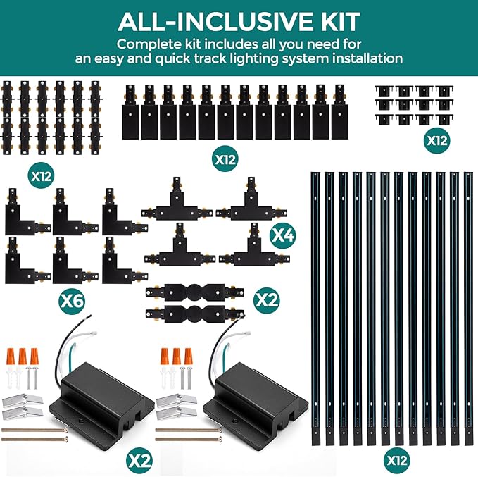 H Track Lighting Rails Kit - iCreating 40ft Black Track Lighting Tracks 3 Wire with Floating Canopy Connector, L, I and T Connectors for Single Circuit H Type LED Tracks Lights Heads Fixtures