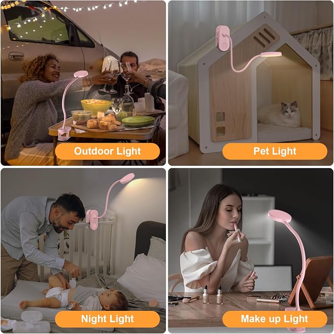 Rechargeable Clip on Light for Bed, Cute LED Reading Lamp for Girls Dorm Room, Portable Book Light with Clamp on Headboard Bedside Table, Flexible Lamp with 3 Color Temp & 10 Brightness (Pink/3.5'') | 10 Brightness Levels, Clamp Lamp with USB-C, 15.8''...