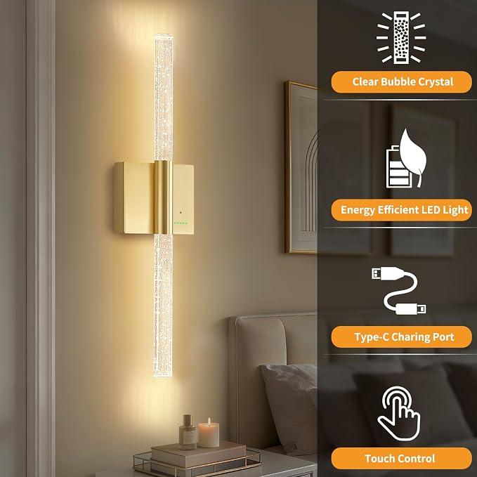28” Wall Sconces Set of 2, Rechargeable Battery Powered Wall Light | Extra Large 8000mAh Battery Operated Dimmable Led Lamp Fixtures with No Hardwired, for Bathroom Cabinet Study Room, Gold