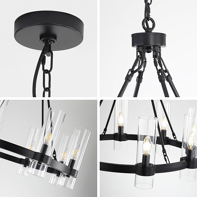 26 Inch Black Wagon Wheel Chandelier with Glass Shade, 8 Lights, Modern Farmhouse Style, Ideal for Dining Room, Kitchen, Entryways