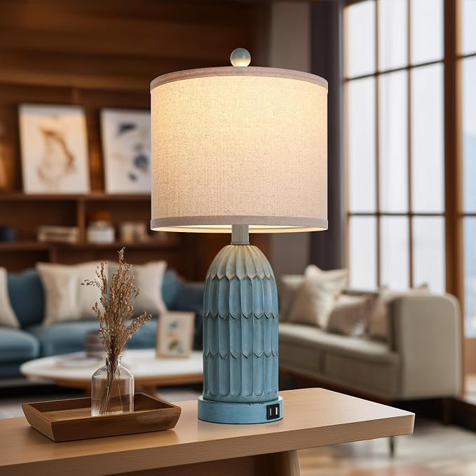 Coastal Table Bedside Lamps Set of 2, Farmhouse 3-Way Dimmable Touch Nightstand Lamp with 2 USB Charging Ports, Vintage Bedside Lamp for Bedroom Living Room End Table Retro Blue