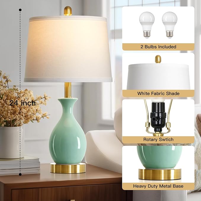 24″ Sage Green Ceramic Table Lamps Set of 2, Modern Classic Bedside Lamps for Bedroom Nightstand, Small Table Lamp for Living Room Side Table (2 LED Bulbs Included)