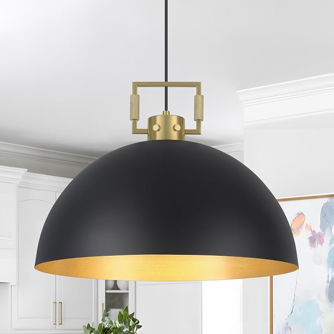 16" Farmhouse Pendant Light Fixture for Kitchen Island Black and Gold Large Dome Chandelier Light Modern Industrial Pendant Light Fixtures for Kitchen Island, Hallway, Dining Room, Bedroom