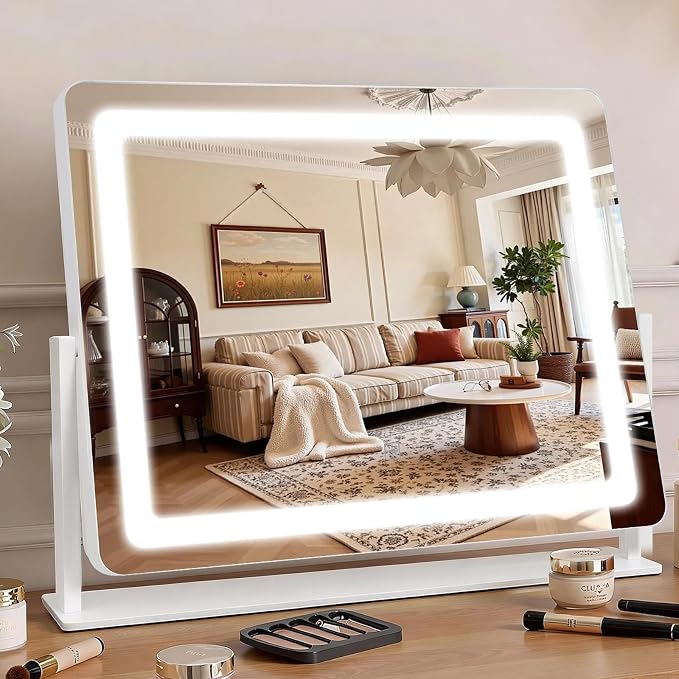 Vanity Mirror with Lights 22"×17", Large LED Makeup Mirror with Light, Smart Touch with 3-Color Lighting, Dimmable, 360° Rotation, Desk Mirror, Vanity Mirror Tabletop (White)