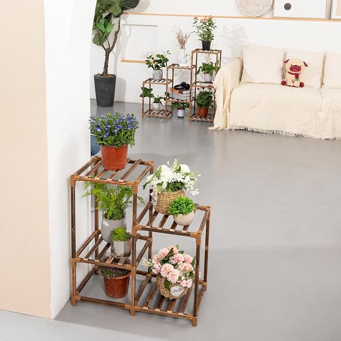 Wood Plant Stand Indoor Outdoor Corner Plant Shelf Stand, 5 Tiered 10 Potted Flower Plant Stands for Indoor Plants Multiple, Plant Shelves Stands Rack for Living Room, Patio, Balcony