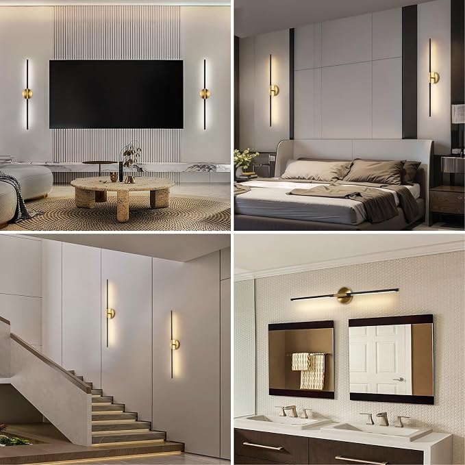 Battery Operated Wall Sconces Set of Two, Wireless Wall Sconces 31.5 Inch | Rechargeable, Remote Control, Dimmable, 360°Rotate, Cordless Wall Light Decor for Living Room, Hallway, Timing, Black Gold