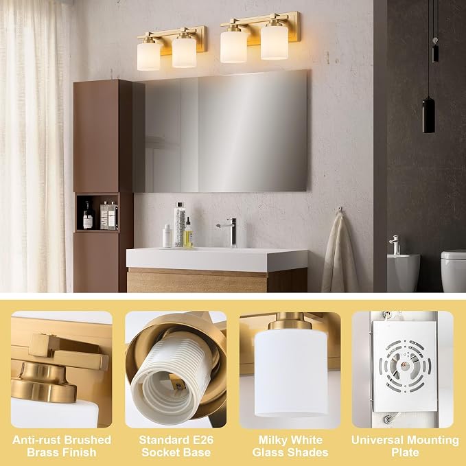 Modern Bathroom Light Fixtures Over Mirror, Vanity Lights for Bathroom Wall Sconces with Milky White Glass Shades, E26 Socket (Bulbs Not Included), 2 Light, Brass