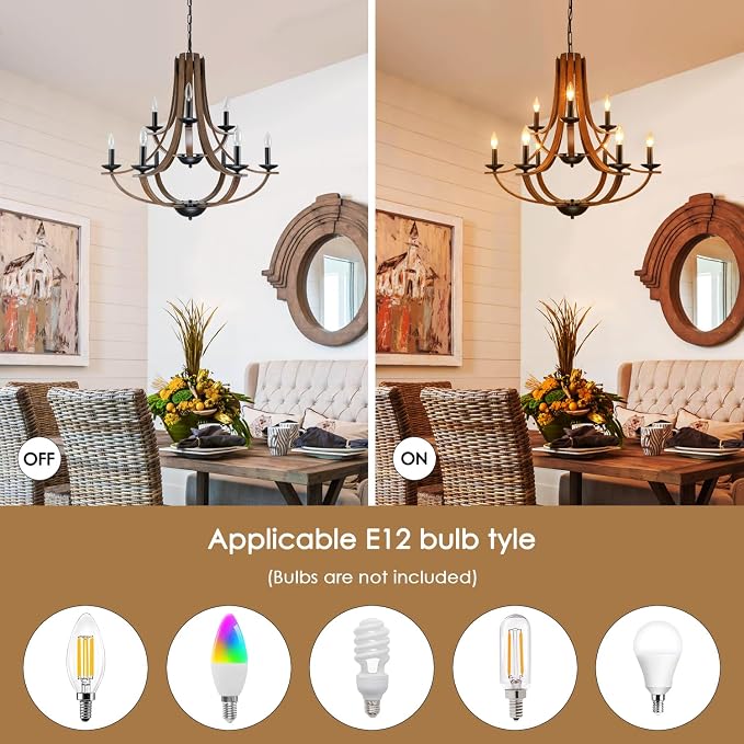 LAMPKEDUO Farmhouse Chandeliers for Dining Room Light Fixture,2 Tier 9-Light 31" Adjustable Height Retro Faux Wood Texture Rustic Light Fixtures for Living Room Bedroom Foyer Entryway