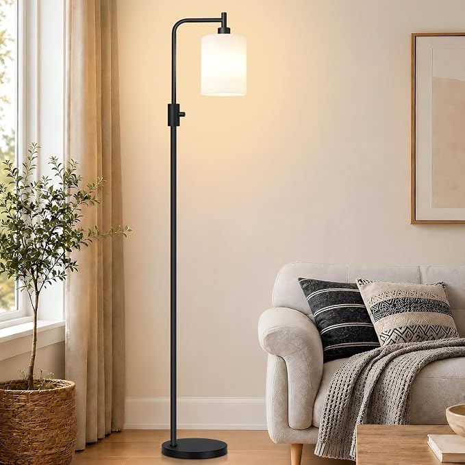 【Upgraded】 Dimmable Floor Lamp for Living Room with Opal Glass Lamphade, Black Modern Glass Floor Lamp with 900LM LED Bulb Included, Arc Standing Tall Lamp for Bedroom, Office, Reading Room, Corner