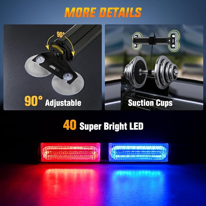 Nilight 40LED Blue Red Emergency Strobe Traffic Advisor Light Bar with Suction Cups Dash Safety Warning Hazard Flashing Lights Interior Front/Rear Windshield for Trucks Construction Vehicles | with Suction Cups Dash Safety Warning Hazard Flashing Light...