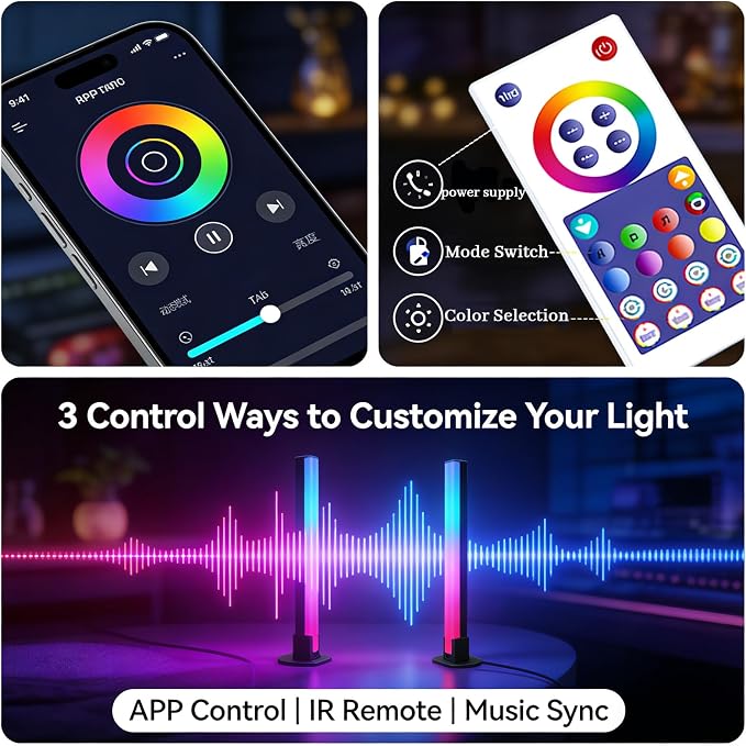 2PCS RGB LED Light Bars, Smart WiFi TV Backlight with Music Sync | Scene Modes, Compatible with Alexa & Google Assistant, Color Changing Lights for Bedroom Gaming Room