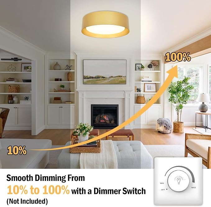 Flush Mount Ceiling Light, 16in Modern Ceiling Light 5 Color Temperature | 25W Bathroom Ceiling Light Fixture, 2600LM Dimmable LED Flush Mount Light for Bedroom, Hallway, Kitchen, Gold