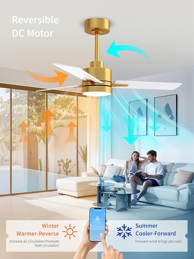 LANMEL Metal Ceiling Fan with Lights and Remote, 42 Inch, Gold & White | Modern Low Profile Flush Mount, Reversible, 3CCT Dimmable, Quiet, LED, For Bedroom, Living Room, Indoor/Outdoor Patio Use