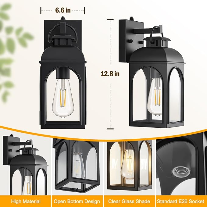 EJIAXIN 2 Pack Dusk to Dawn Outdoor Lighting, Matt Black Porch Lights | Waterproof Metal Construction,Rust-resistant,Clear Glass Shades,Quick Installation,Outside Lights for Doorway,Garage,Patio