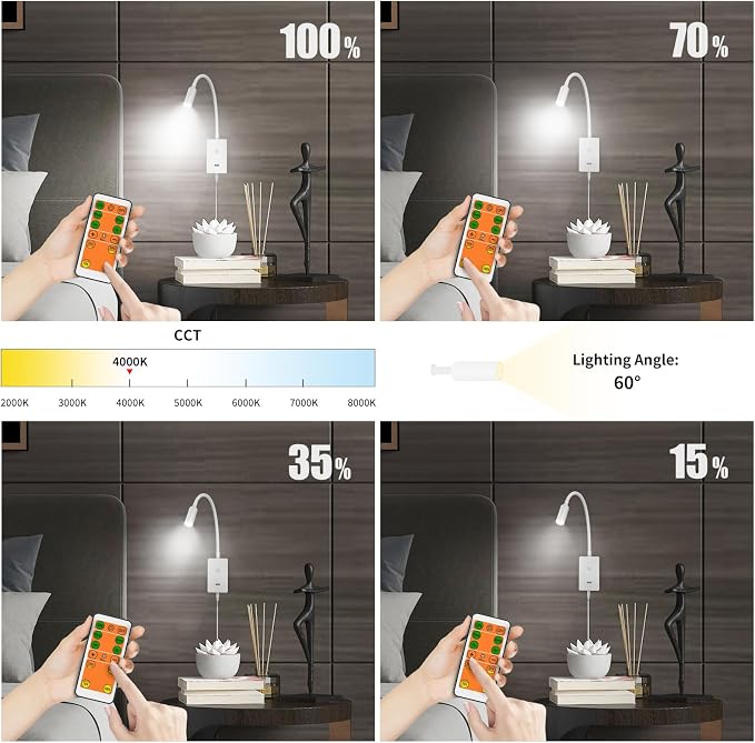 LED Wall Mounted Bedside Reading Light with Wireless Remote Control, White Flexible LED Bedroom Wall Spot Lamp, Dimmable Neutral White 4000K Lighting, Timer Function, 5V2A USB Output