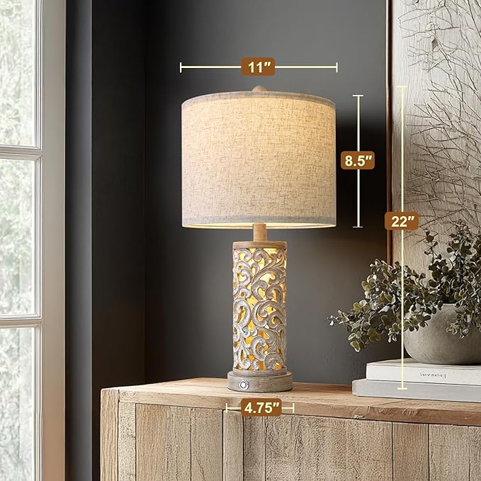 22" Dual Light Table Lamps Set of 2, Touch Lamp with 3-Level Dimming, Lamps for Bedroom with USB A+C Charging Ports, Farmhouse Lamps for Living Room and Night Stands