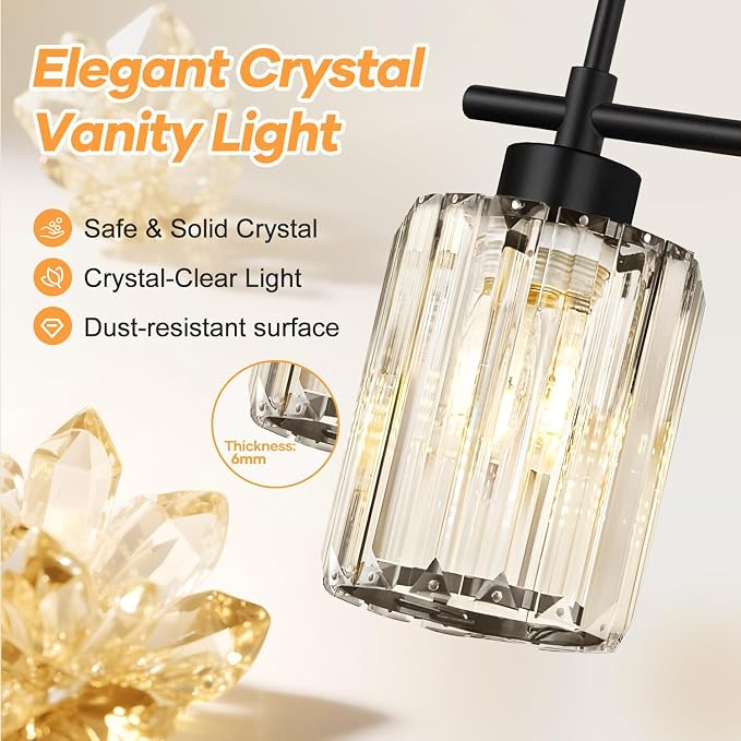 2-Light Matte Black Crystal Bathroom Vanity Light, Modern Bathroom Lighting Fixture Over Mirror, K9 Crystal Bathroom Wall Light with Round Shades, E26 Base(Bulbs Not Included)