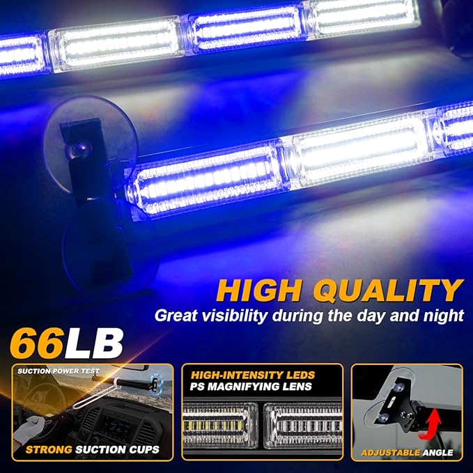 2x17.7 Emergency Dash Lights Interior Windshield Strobe Volunteer Firefighter Lights Warning Hazard Safety Front/Rear Deck Split Mount for Vehicles Trucks Firefighter, Blue/White