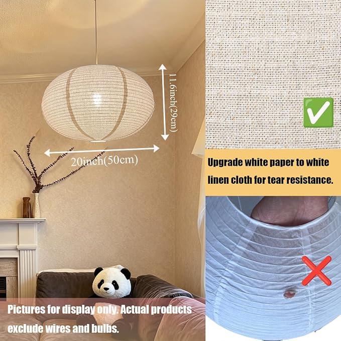 Linen Pendant Light Shade 20 Inches Oval Hanging Lamp Shade | Off-White Hanging Lampshade Can replace Paper Lanterns Handmade Fabric Light Covers Home Decor Ceiling Lampshade