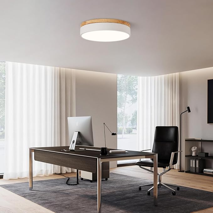 12" Minimalist White and Wood LED Flush Mount Ceiling Light Fixture | Natural Wood Accent, Integrated LED, 5CCT Before Installation, Slim Low-Profile Design, Minimalist Modern Style, Compact Size