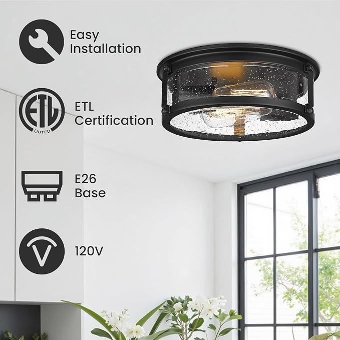 Farmhouse Black Flush Mount Ceiling Light Fixtures with Seeded Glass | Lampshade & Metal Frame, 2-Light Industrial Close to Ceiling Light for Kitchen, Hallway, Entryway, Bedroom, Forer, Entryway