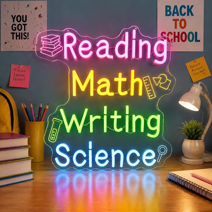 Reading Math Writing Science Neon Sign Dimmable Classroom Neon Light for Reading Room Bedroom Classroom LED Sign for Wall Decor Colorful Kids LED Light Gifts for Teachers Classroom Backdrop Aesthetic Decoration