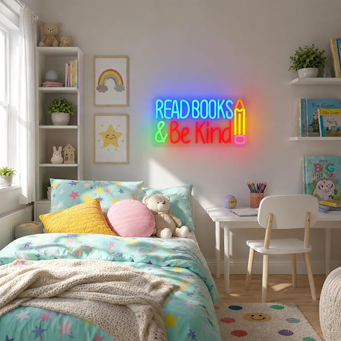 Read Books And Be Kind Neon Sign for Wall Decor Colorful Read Books Neon Light Dimmable Classroom LED Light up Signs for Study Room Bookstore Bedroom Classroom Library Decor