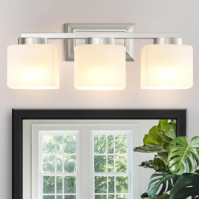 3-Light Bathroom Light Fixtures - Brushed Nickel Bathroom Vanity Lights with Glass Shade Modern Bathroom Lighting Fixtures Over Mirror - Wall Sconce Lamps for Bedroom,Living Room,Hallway