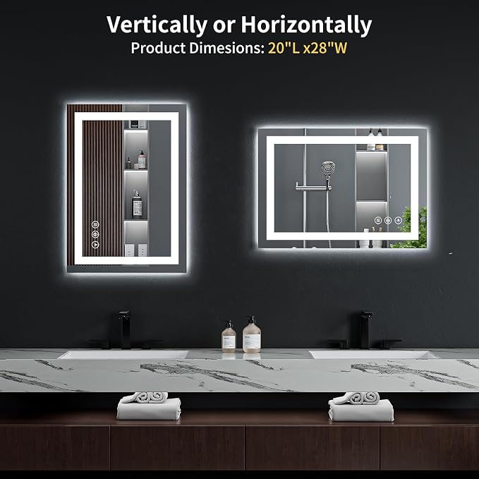 28"x20" LED Bathroom Mirror with Lights, Backlit+Frontlit, Anti-Fog | CRI 95, Stepless Dimmable, 3 Colors Lighting, Shatterproof Tempered Glass, HD Reflection, Memory, (Horizontal/Vertical)