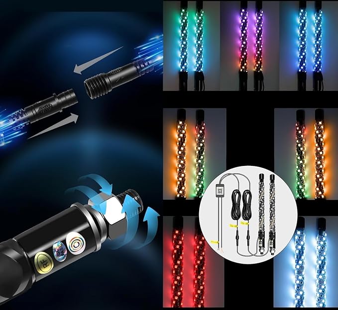 S7 2PCS 2FT Led Whip Light/Spiral RGB Remote Control Lighted Antenna Whips for Can-am ATV UTV RZR Polaris Dune Buggy 4-Wheeler Offroad Truck (2FT)