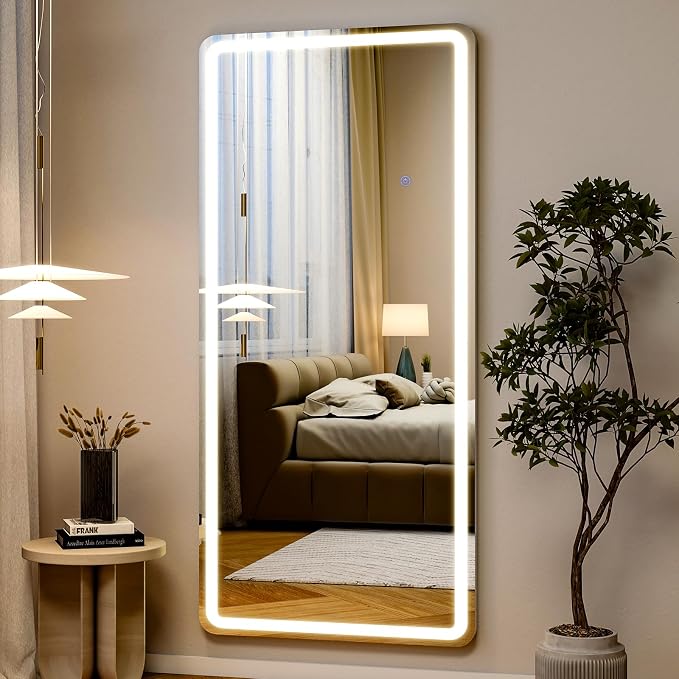 Easly 26x68 inch Full Length Mirror with Lights, LED Lighted Floor Standing, Hanging Mirror Full Length with Stand Free, Full Body Dressing Mirrors with Dimmable 3 Color LED