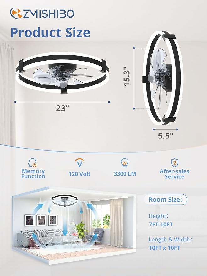 ZMISHIBO 23" Low Profile Fandelier LED Ceiling Fans with Lights and Remote | 3CCT Dimmable, 6 Speeds, Remote/App Control, Reversible DC Motor, Memory, Timer, Small Modern Fandelier for Kids/Bedroom