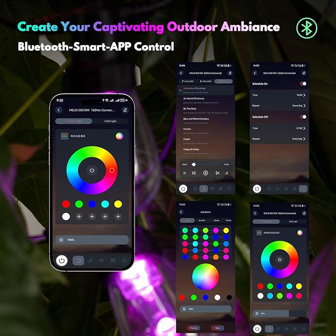 BBG Color Changing Outdoor String Lights Waterproof, 50FT Patio Lights | 20 Shatterproof LED Bulbs, RGBW 2700K Warm White, Smart App and Remote Control, Custom Colors, Dimmable, Music Sync and Timer