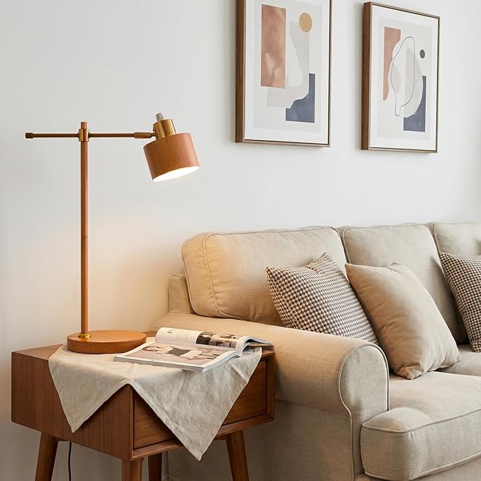 22.2" Mid Century Desk Lamp, Modern Metal Table Lamp with LED Bulb, Adjustable Reading Lamps, Industrial Task Lamp for Home Office, Farmhouse Bedside Lamps with Solid Base, Woodgrain