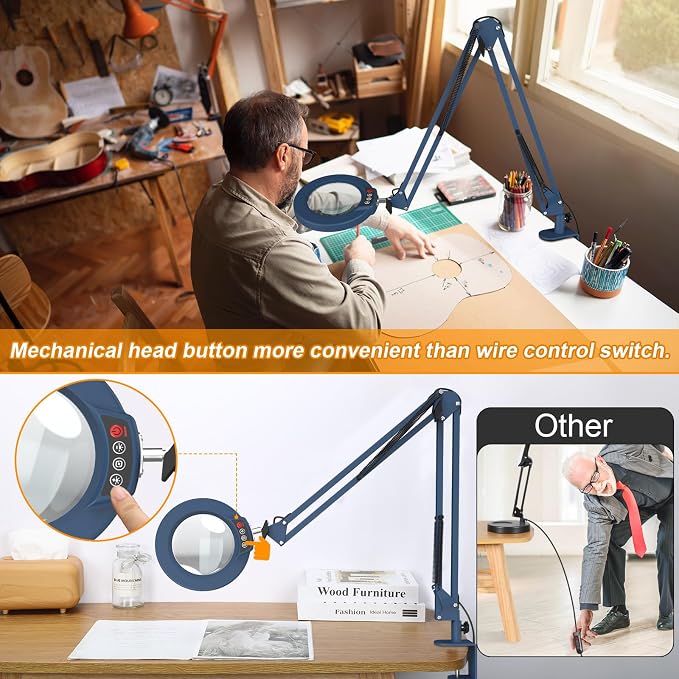 12X Large Magnifying Glass with Light and Clamp, Real Glass, 5 Color Modes, Stepless Dimmable, 2 x 16 Inch Adjustable Swing Arm Stand Desk Lamp, LED Lighted Magnifier Hands Free for Close Work - Blue