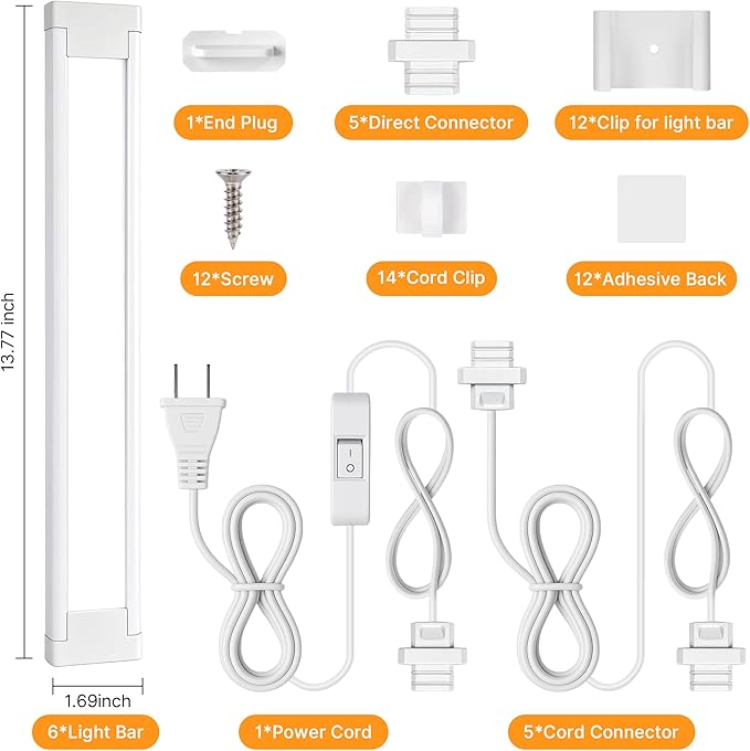 6 Pcs 14inch Plug in Under Cabinet Lighting for Kitchen, 6500k Bright White Linkable LED Under Counter Wired Lights for Shelf/Bookshelf/Workbench/Over Sink