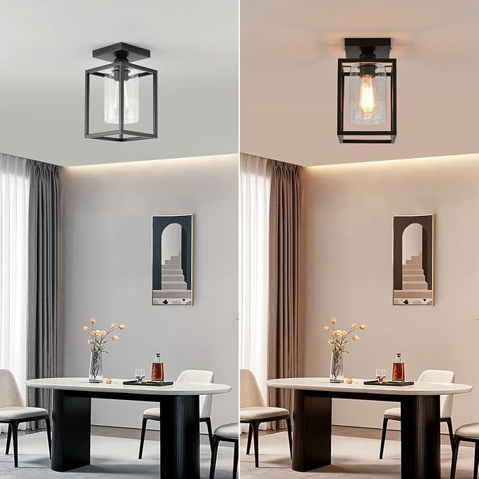 3 Pack Semi Flush Mount Ceiling Light,Black Metal Frame Ceiling Light Fixture with Clear Glass Shade, Farmhouse Light Fixture for Kitchen Island Entryway Porch Foyer