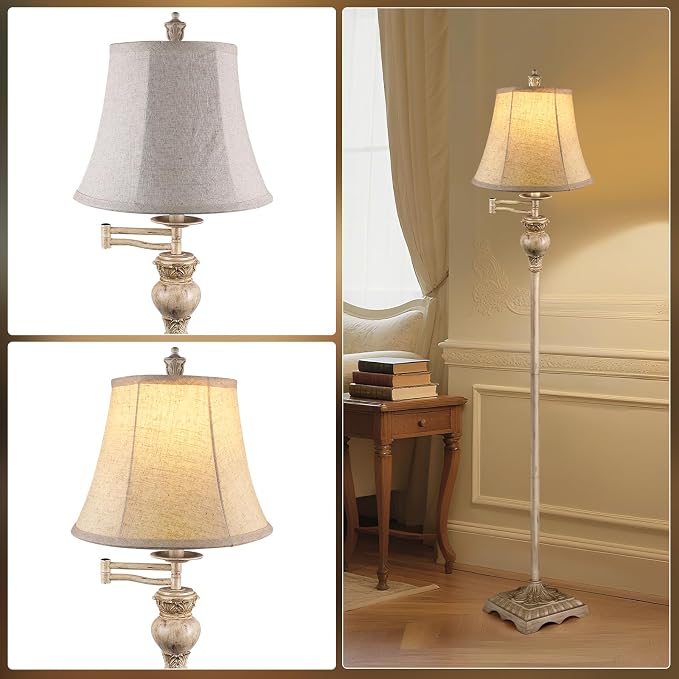 Vintage Floor Lamps for Living Room,Traditional 350° Adjustable Swing Arm Farmhouse Floor Lamp for Bedroom, Rustic Standing Lamp Pole Lamps for Reading, Home Décor and Office, White