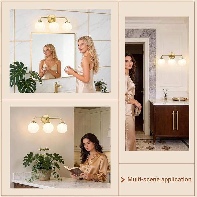 Modern Brushed Gold 3-Lights Vanity Light Fixtures with Carved White Glass Ball Shades, Mid Century Brass Wall Sconce Lighting Fixtures over Mirror, Wall Sconces for Bathroom Dressing Table Bedroom