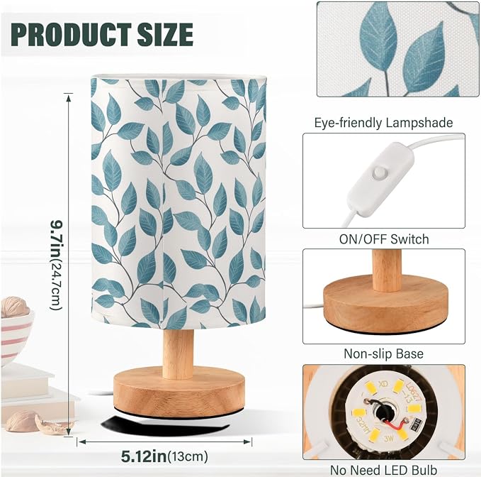 Fustylead Teal and Gray Leaves Botanical Bedside Table Lamps with USB Port for Bedroom Lamp Small Nightstand Lamp Sturdy Linen Shade Wooden Decorative Lamps for Living Room Home Dorm Kids