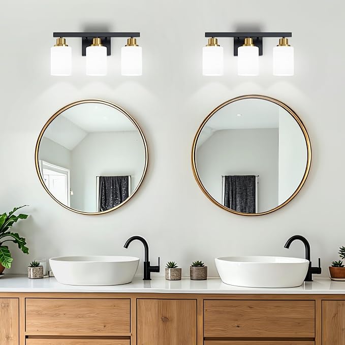 3-Light Vanity Lights,Black and Gold Bathroom Light Fixtures,17" | Modern Black Vanity Lights with White Frosted Glass Shade,Bathroom Lighting Fixtures over Mirror Wall Lamp Sconces