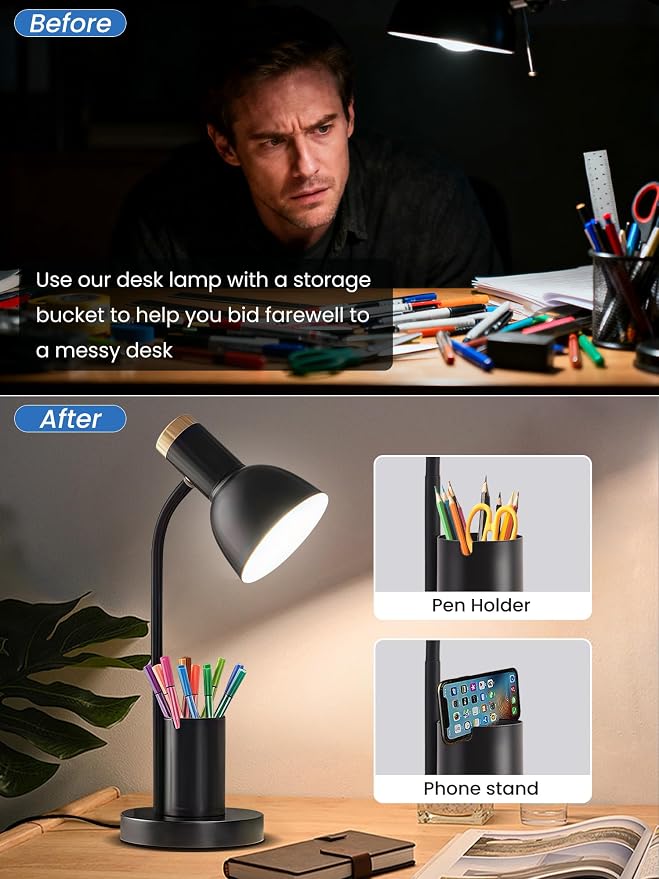 LED Desk Lamp for Home Office, Table Lamp with Pen Holder, 3 Color Modes Reading Light, Eye-Caring Desk Light with Gooseneck, Metal Study Lamp for Dorm Bedside Bedroom (Black Lamp)