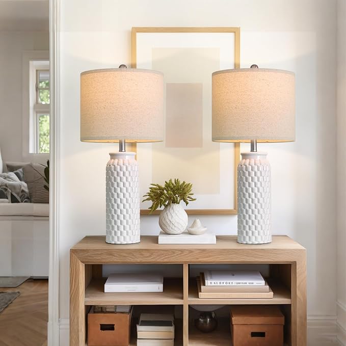 USumkky 27" Ceramic Table Lamps Set of 2 - Modern Farmhouse & Boho Style, Bedside Nightstand Lamps for Bedroom, Living Room End Table Lamps, Small Desk Lamp(White)