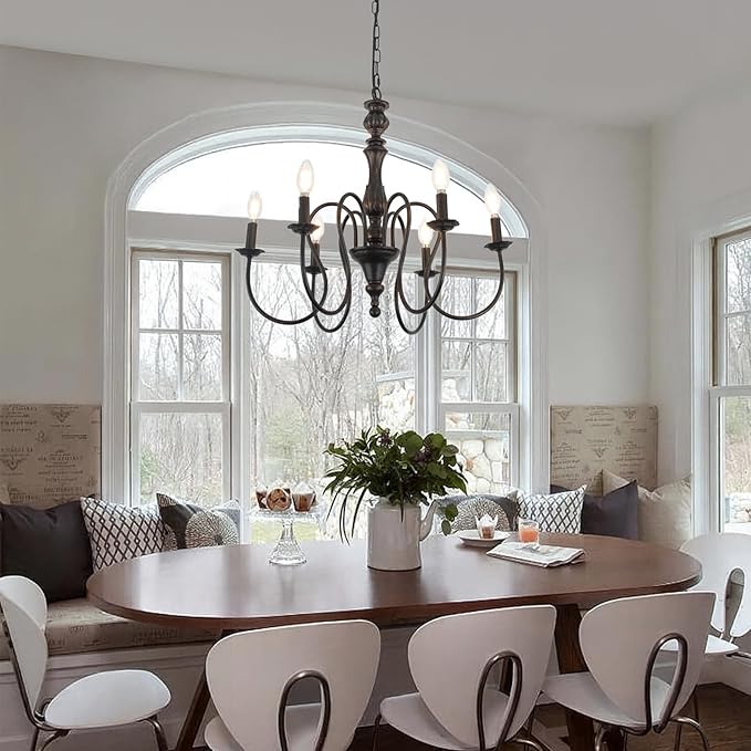6-Lights Black Chandelier Mid Century Modern Candle Style Orb Oil Rubble Black Chandelier Light Fixture Vintage Chandeliers for Dining Room, Kitchen, Living Room, Bedroom, E12