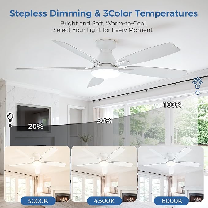 52 Inch Ceiling Fans with Lights, Remote & App Control, Quiet Reversible DC Motor, 6 Speeds, Dimmable 3CCT LED Light, Low Profile Flush Mount Ceiling Fan for Bedroom Living Room, White